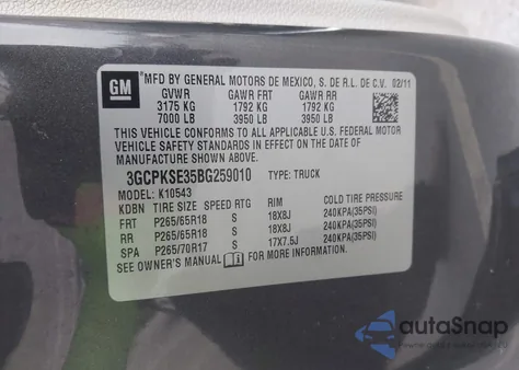 2011 Chevrolet Silverado 1500 Lt из США, поврежденный, VIN 3GCPKSE35BG259010